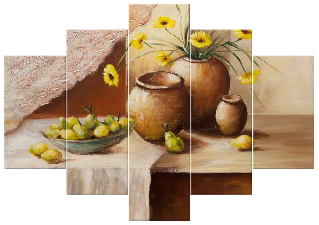 Gario Ručne maľovaný obraz Žlté kvety vo váze - 5 dielny Rozmery: 100 x 70 cm