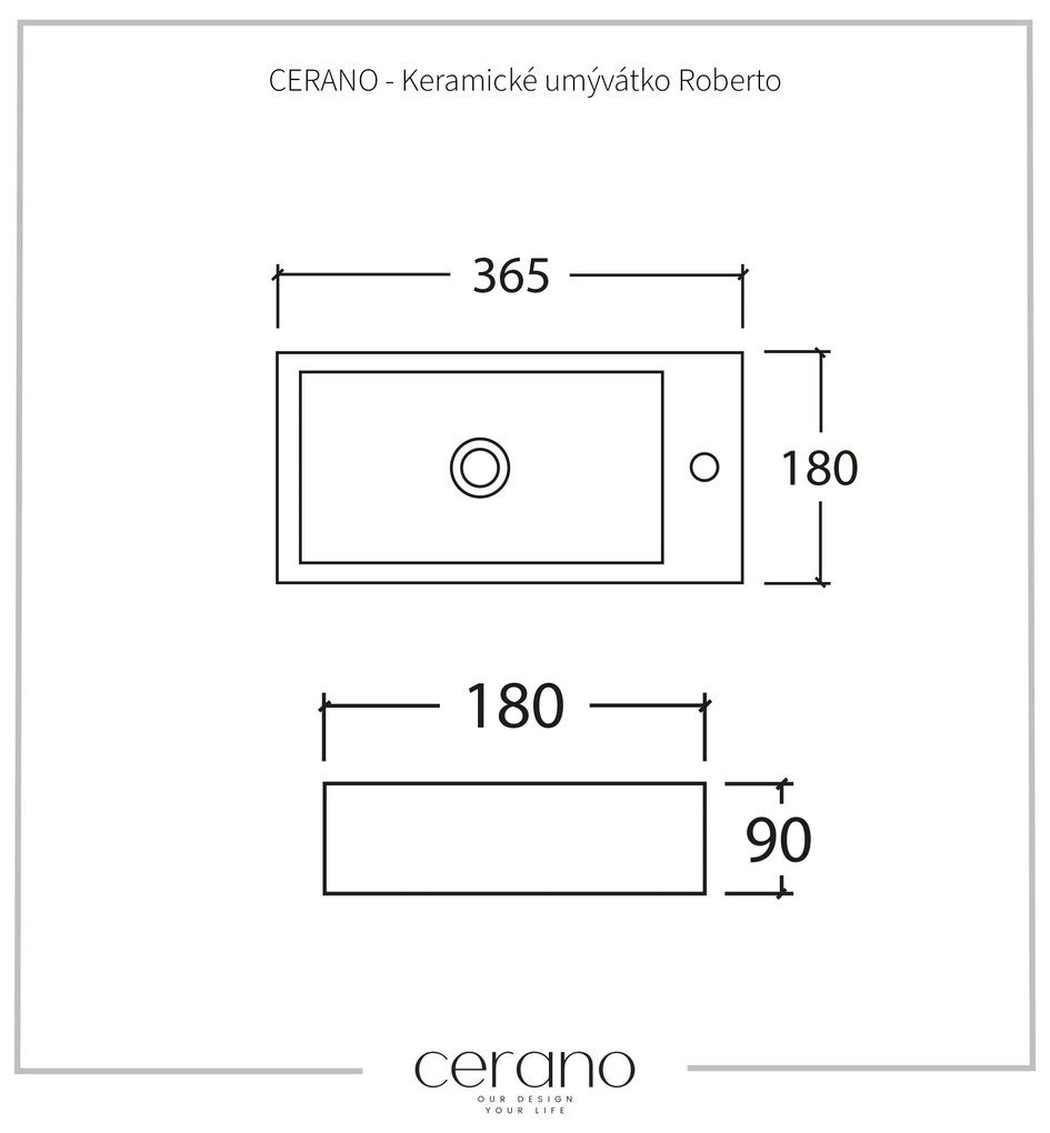 Cerano Roberto, keramické umývadlo 365x180x90 mm, závesné pravé, biela lesklá, CER-CER-417209R