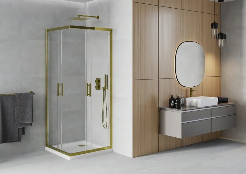 Mexen Rio, štvorcový sprchovací kút s posuvnými dverami 90(dvere) x 90(dvere) x 190 cm, 6mm číre sklo, zlatý profil + biela sprchová vanička SLIM, 860-090-090-50-00-4010G