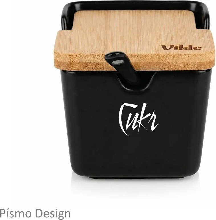 VILDE 2. akosť - Čierna keramická cukornička /soľnička s bambusovým viečkom a lyžičkou, 250ml VILDE, hranatá