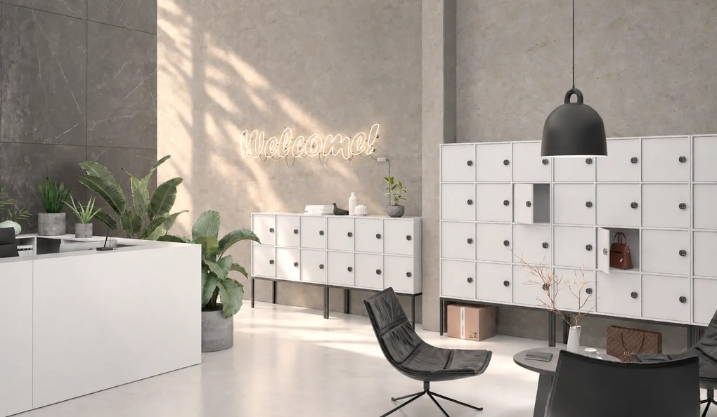 Kancelárska skriňa FRAME, 12x dvere, 1299 x 450 x 1735 mm, kódový zámok, biela