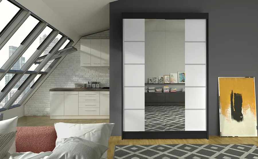Čierna skriňa s bielymi zrkadlovými dverami Amadora 120 cm