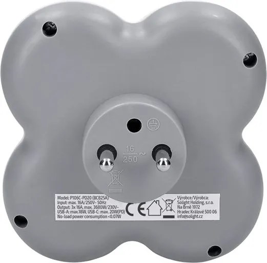 Solight P106C-PD20 - Rozbočovač 3x 16A + USB A+C rýchlonabíjačka 20W