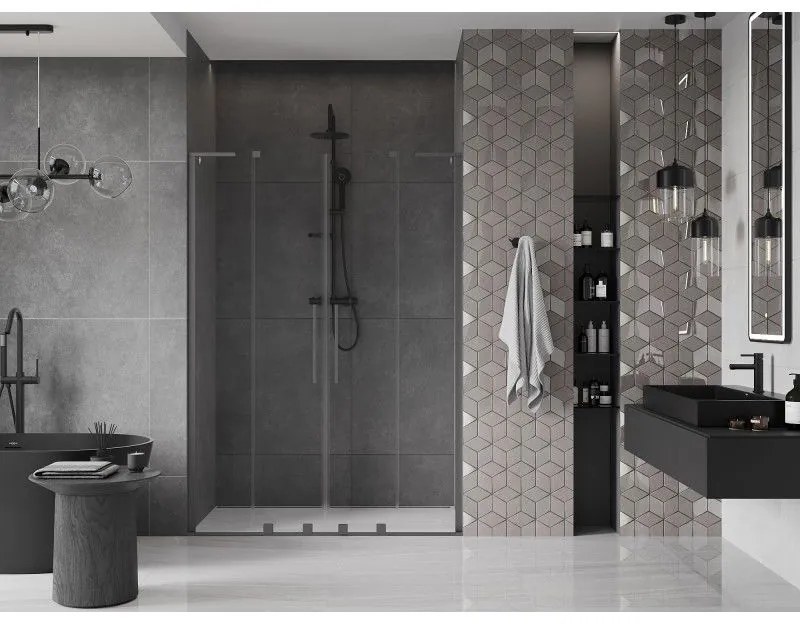 Mexen Velar L Duo, posuvné sprchové dvere do otvoru 160 cm, 8mm číre sklo, brúsený grafit, 871-160-003-02-95