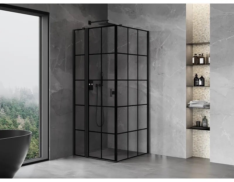 Mexen Mist T, sprchový kút s krídlovými dverami, ľavý, 85 x 85 cm, 8mm číre sklo, čierny profil, 8A4T-085-085-70-77-L