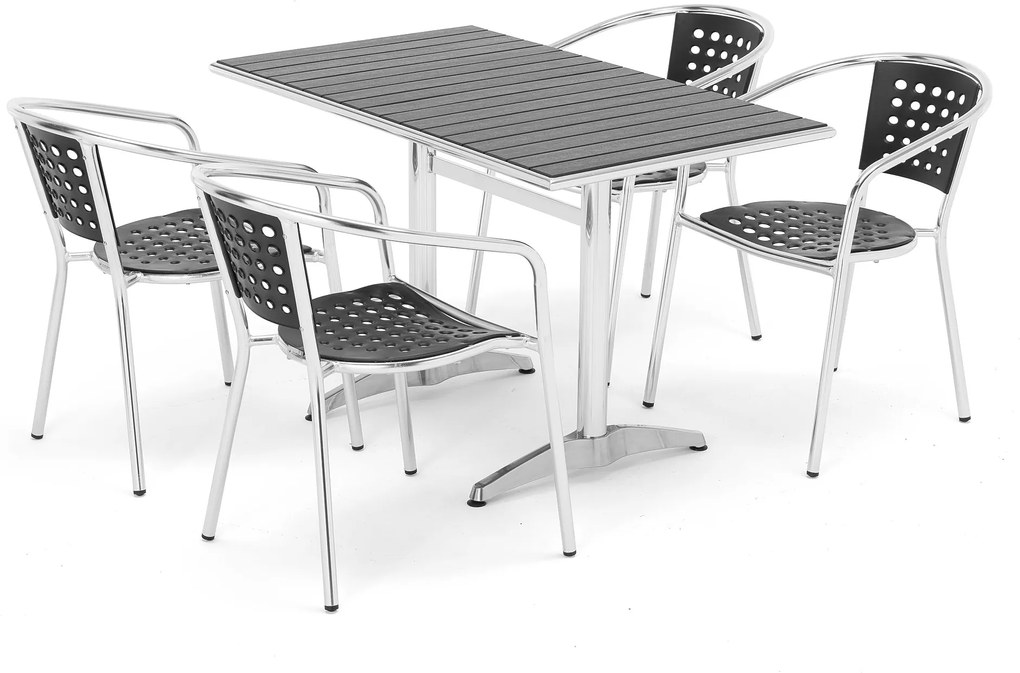 Zostava: Záhradný stôl + 4 hliníkové stoličky, čierne
