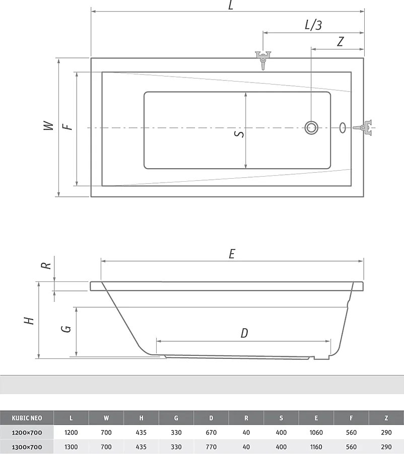 Roth Obdĺžniková akrylátová vaňa pre menšie priestory KUBIC NEO SHORT ROTH-Variant: rozmery: 120x70 cm - (KUBIC NEO SHORT 120x70 - 9350000)