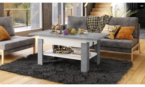 Rozkladací konferenčný/jedálenský stôl ROY so zdvíhacou doskou, betónovo sivý/biely