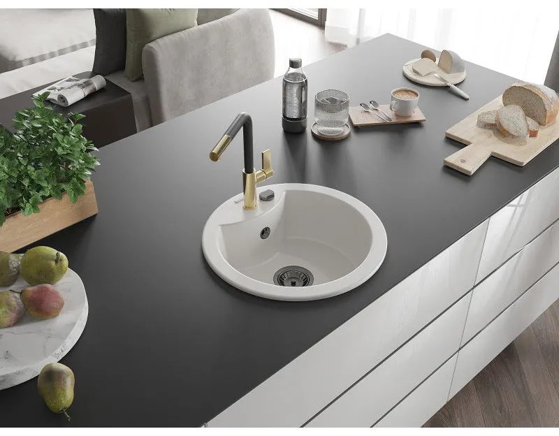 Mexen Diego, 1-komorový granitový drez 488x488x167 mm a drezová batéria Flora, biela, 6512-20-670401-57-B