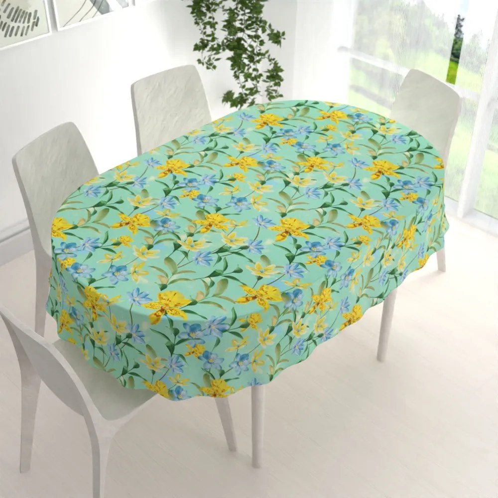 Biante Teflónový oválny obrus TF-082 Žlto-modré ľalie na mintovom 120x160 cm