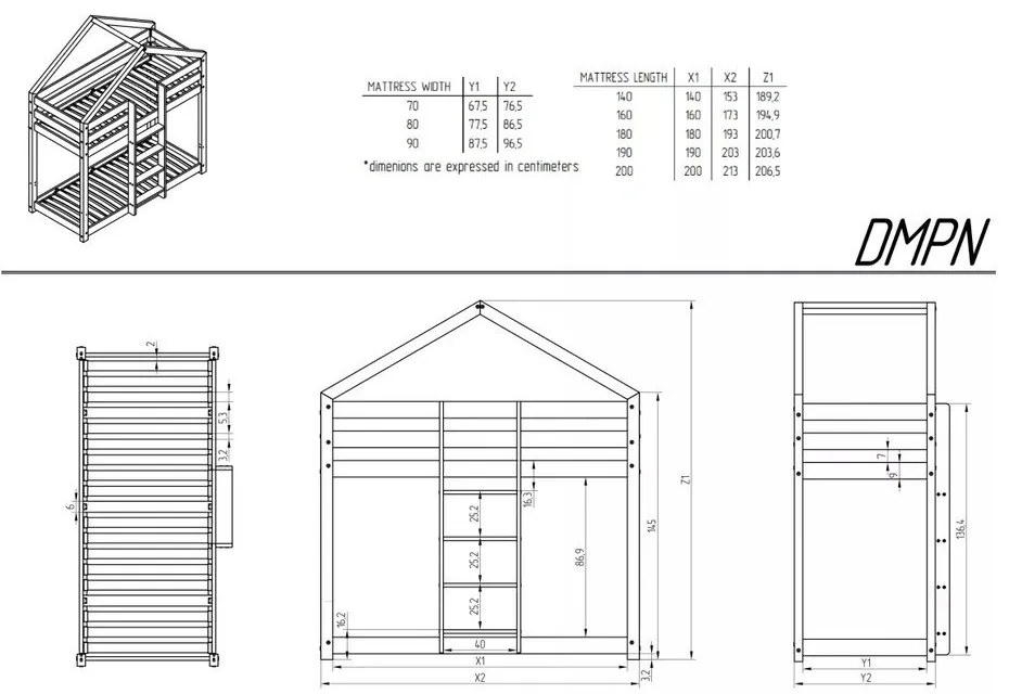 Domčeková poschodová detská posteľ s roštom v prírodnej farbe 90x190 cm DMPN – Adeko