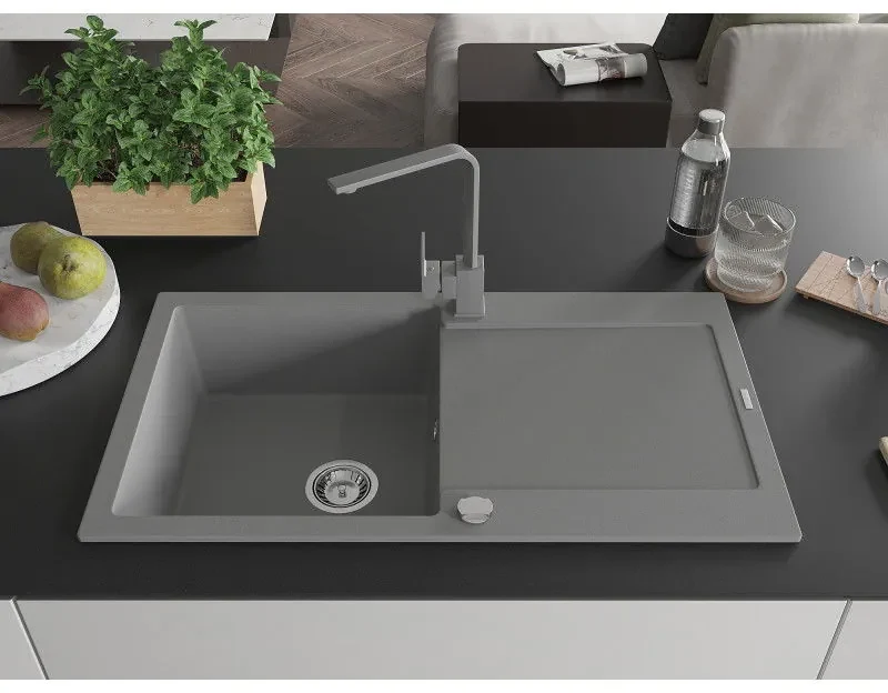 Mexen Leo, drez granitový 900x500x190 mm, 1-komorový, šedý s chrómovým sifónom a šedá drezová batéria Rita, 6501-71-670300-71