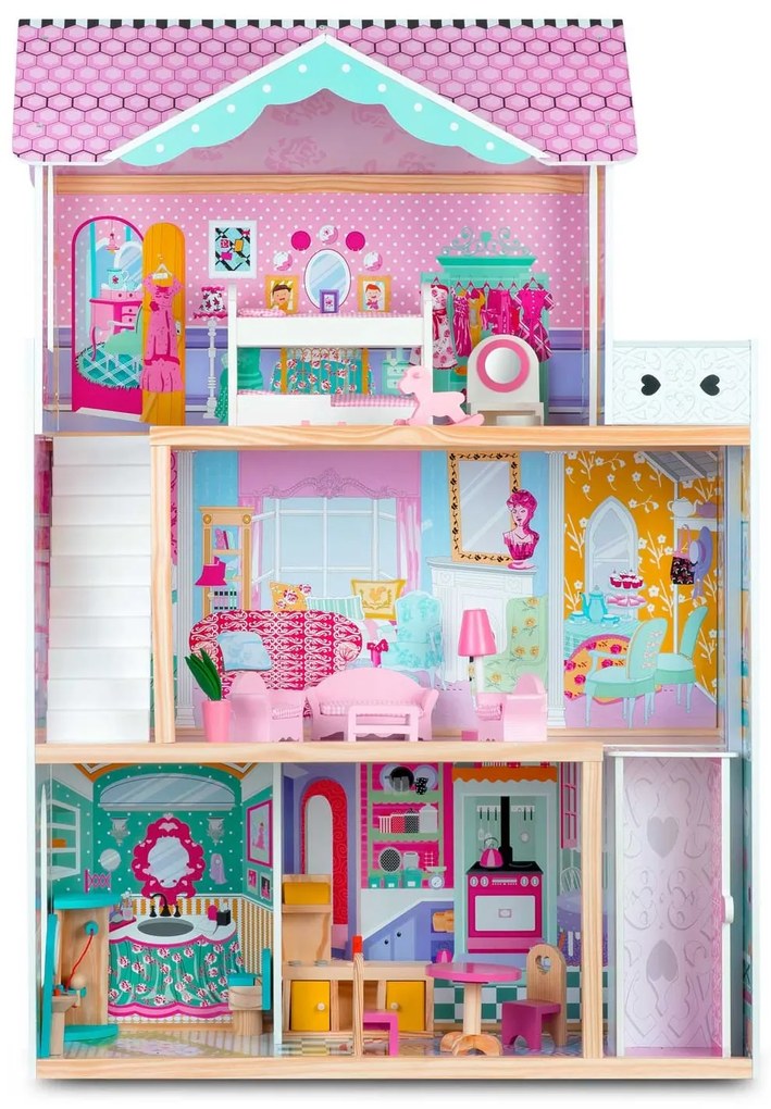 Ricokids Drevený domček pre bábiky veľký 3-poschodový s výťahom a LED osvetlením