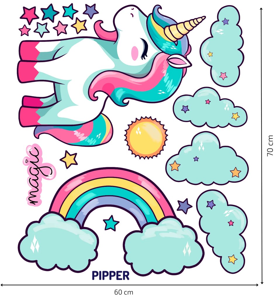 PIPPER. Textilná nálepka na stenu "Jednorožec s obláčikmi"
