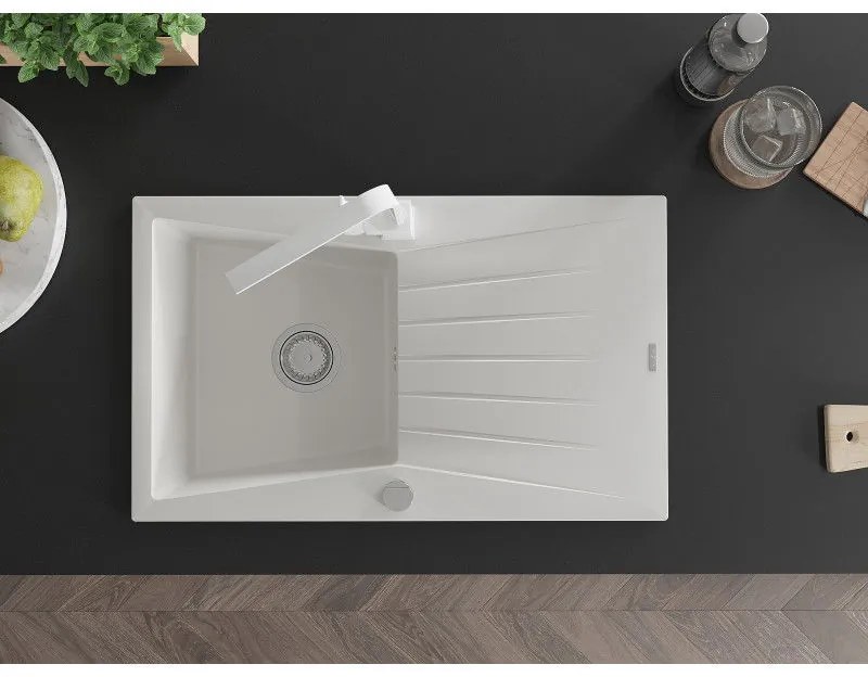 Mexen Cesar, granitový drez 775x470x190 mm, 1-komorový, biela s chrómovým sifónom a biela drezová batéria Rita, 6514-20-670300-20