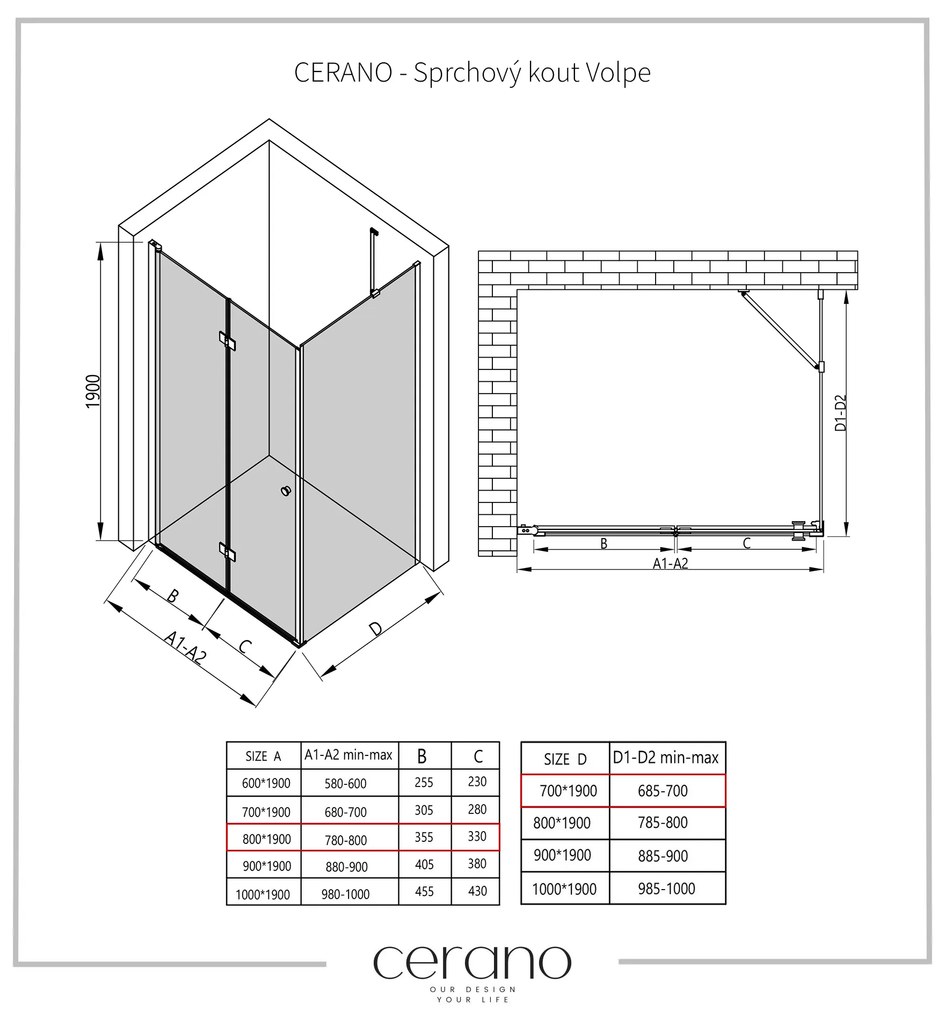 Cerano Volpe, sprchovací kút so skladacími dverami 80(dvere) x 70(stena), 6mm číre sklo, čierny profil, CER-CER-427315