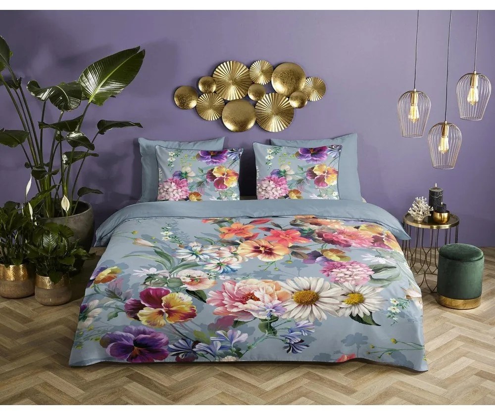 Sivé obliečky na dvojlôžko z organickej bavlny Descanso Sunflower, 200 x 220 cm