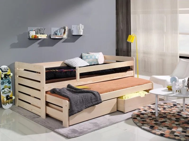 Detská posteľ z masívu borovice TOMÁŠ II s prístelkou a šuplíky - 200x90 cm - prírodná borovica
