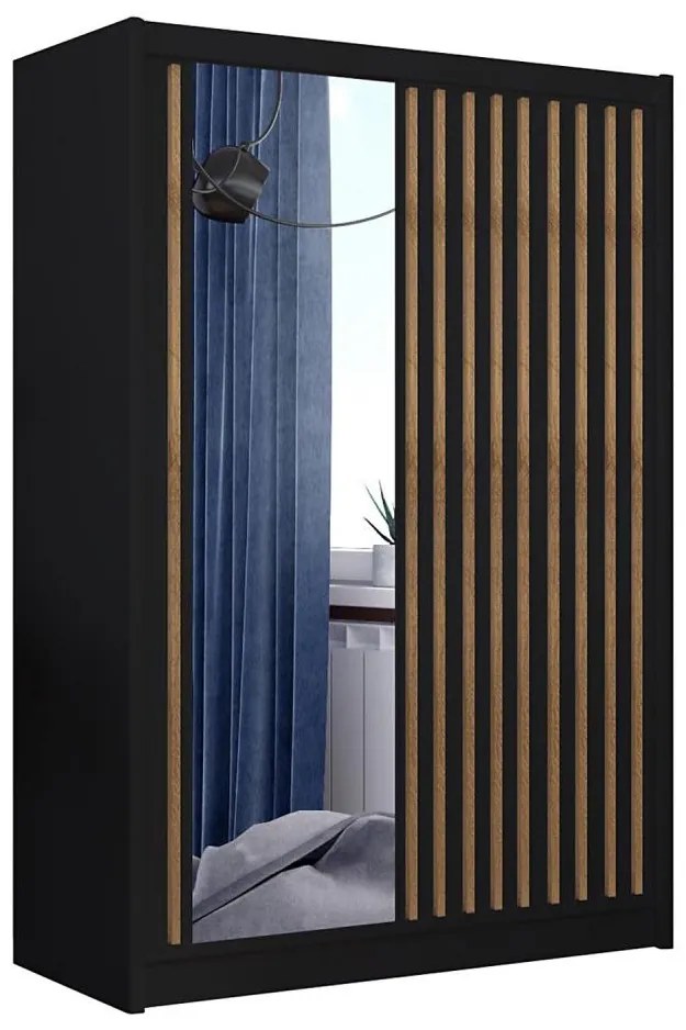 Šatníková skriňa so zrkadlom SANTINO 150x215 cm čierna/dub craft