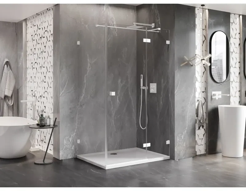 Mexen Lunar T, pravý výklopný sprchový kút 140 x 120 cm, 8mm číre sklo, biely profil, 834T-140-120-20-00-P
