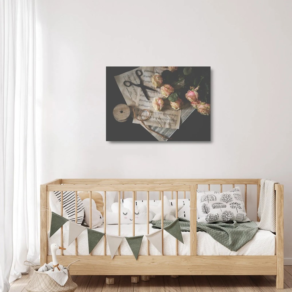 Sklenený obraz nôt a ruží (70x50 cm)