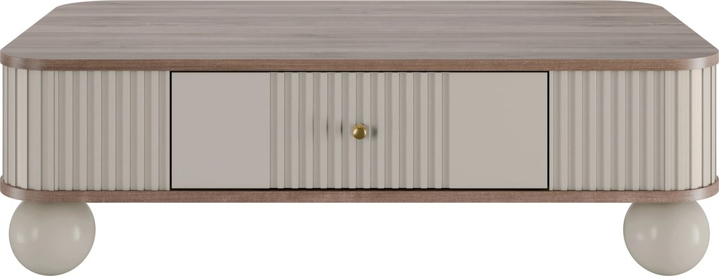 Kávový stolík Vesper 103x60 cm so zásuvkou - kasmír / orech / zlaté úchyty / guľové nohy