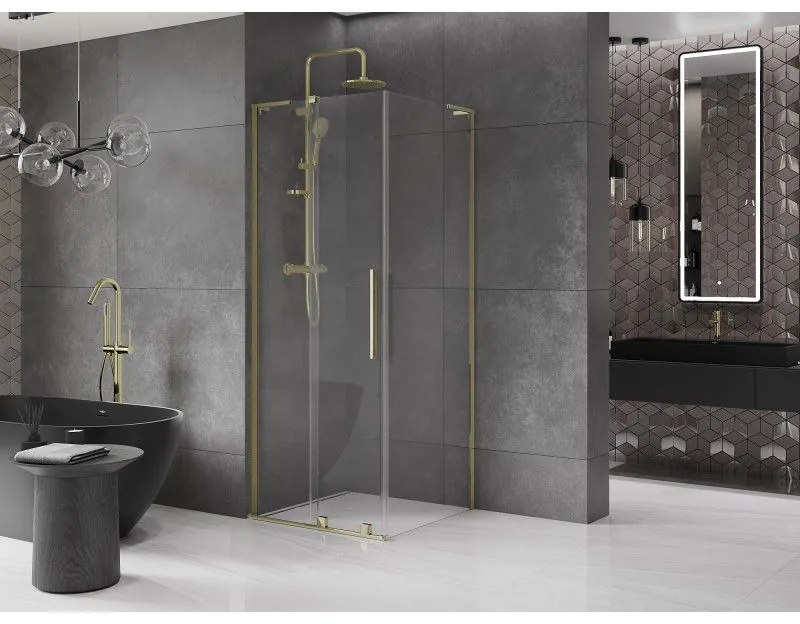 Mexen Velar L, sprchový kút s posuvnými dverami 90 x 90 cm, 8mm číre sklo, zlatá lesklá, 871-090-090-03-50