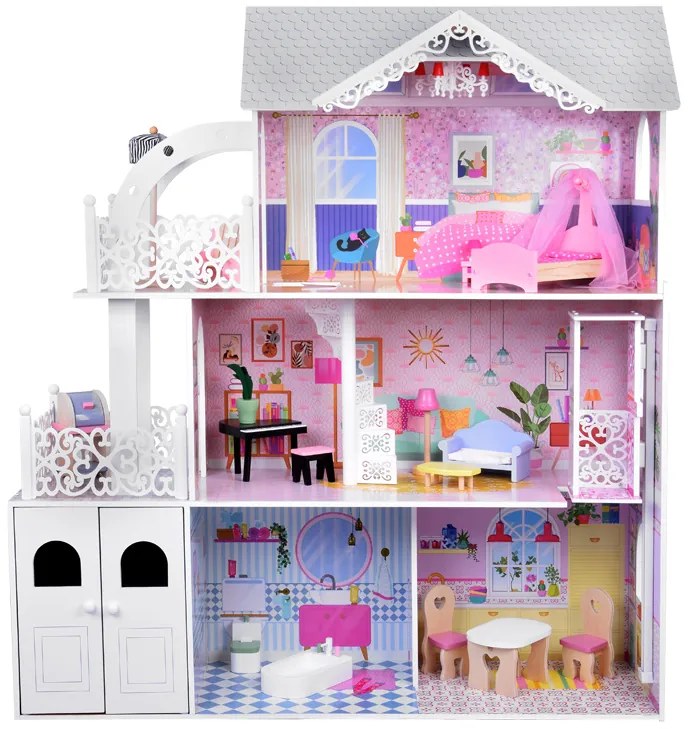 Veľký drevený domček pre bábiky s výťahom, garážou, balkónom a nábytkom – ZA5388