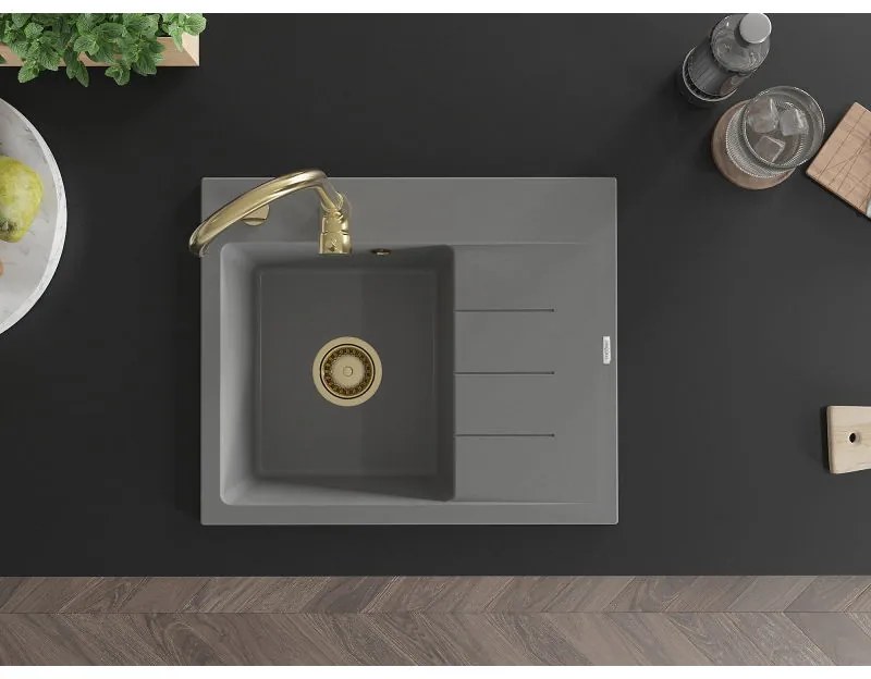 Mexen Ben, 1-komorový granitový drez 600x500x190 mm, ľavý + zlatý sifón, šedá, 6522605000-71-G