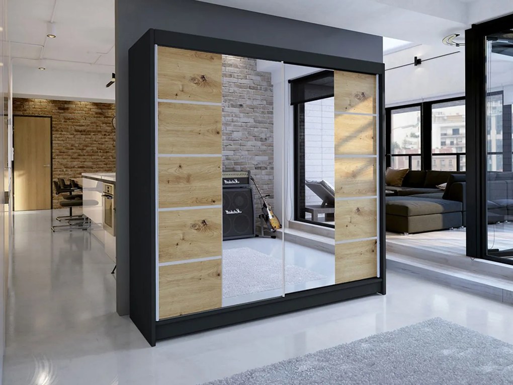Posuvná skriňa Bar V, Farby: biela / sonoma, Osvetlenie: osvetlenie LED RGB - farebné