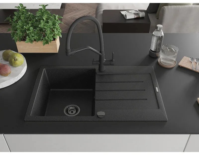 Mexen Bruno, 1-komorový granitový drez 795x495x200 mm a drezová batéria Duo, čierna-strieborná metalíza, 6513-73-671701-70-B