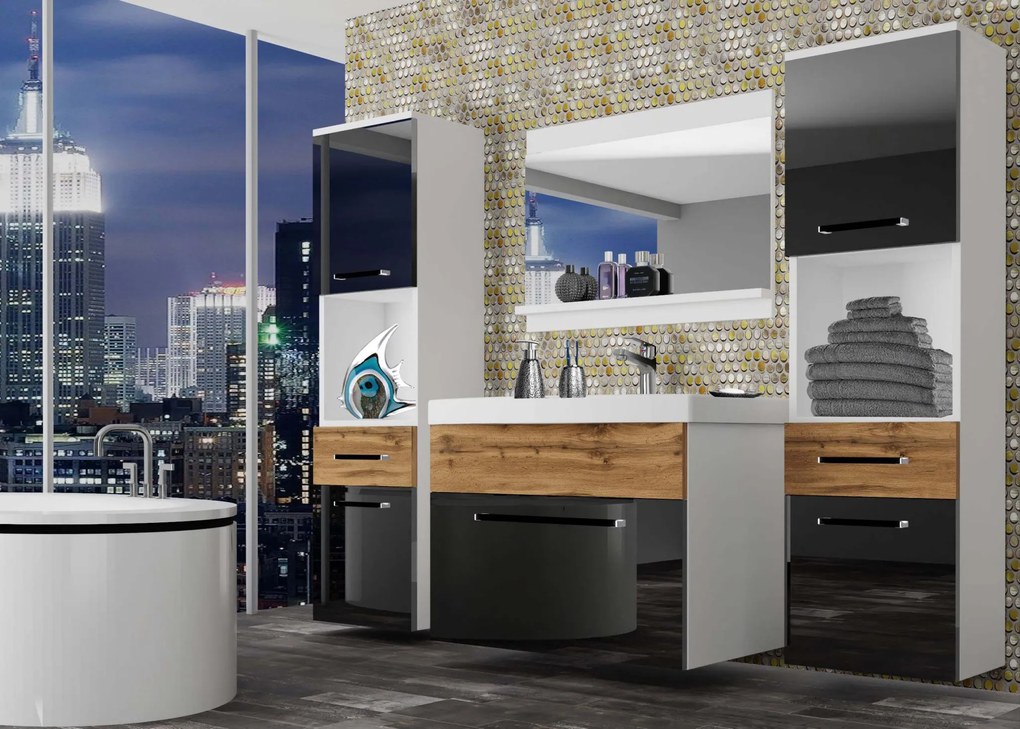 Kúpeľňový nábytok Belini čierny lesk / dub wotan + umývadlo + zrkadlo ROD PM 6/0/W/BDW/0/ZW