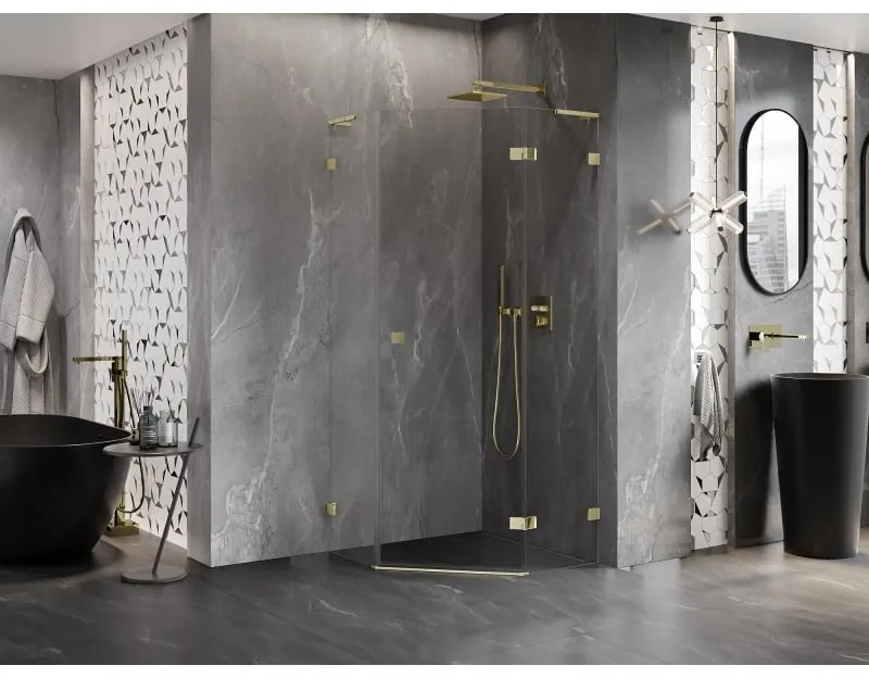 Mexen Lunar, L pravý výklopný päťuholníkový sprchový kút 80 x 80 cm, 8mm číre sklo, zlatý profil, 831L-080P-080L-50-00-P