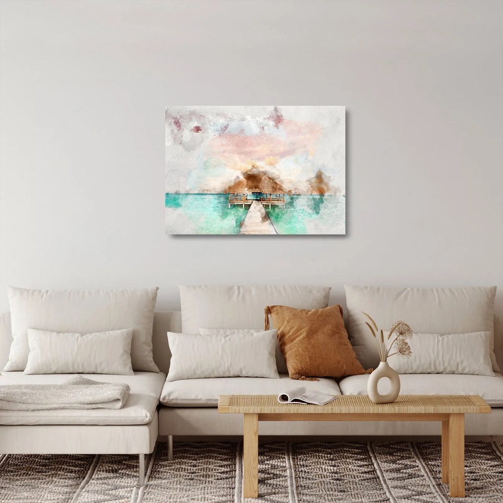 Sklenený obraz - Maledivy, drevené mólo (70x50 cm)
