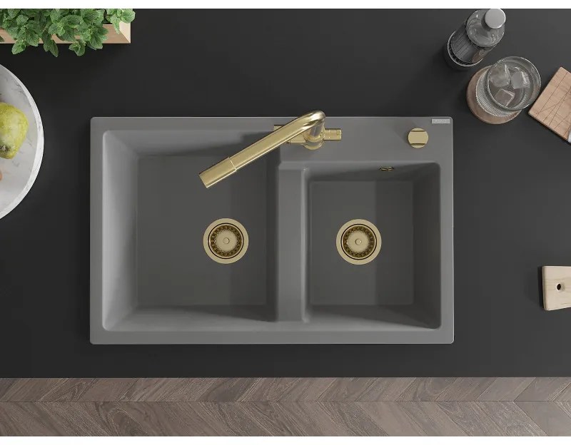 Mexen Tomas, granitový drez 800x500x190 mm, 2-komorový a zlatá batéria Duero, šedá, 6516-71-671600-50
