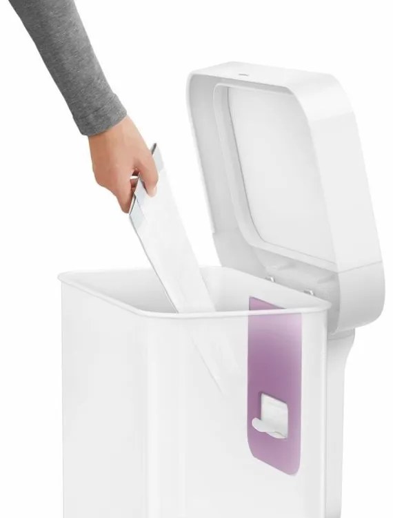 Obdĺžnikový pedálový kôš 45 l, biela oceľ, priehradka na vrecká, biela