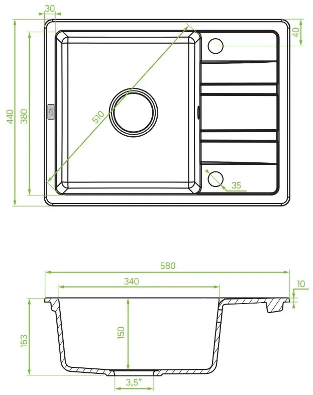 Laveo Stella, 1-komorový granitový drez 580x440x163 mm s krátkym odkvapávačom, čierna, LAV-SBY_713T