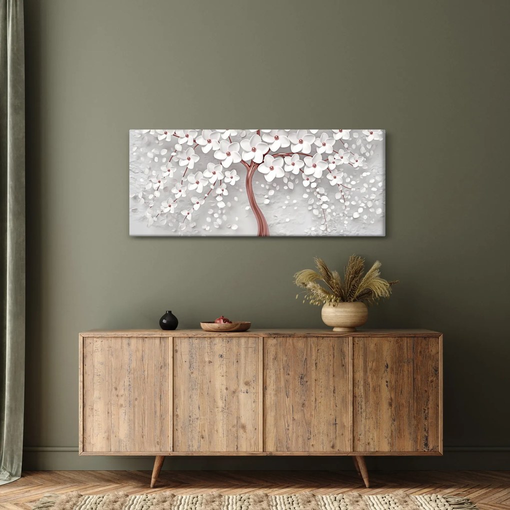 Obraz - Obraz bieleho stromu s kvetinami, rosegold (120x50 cm)