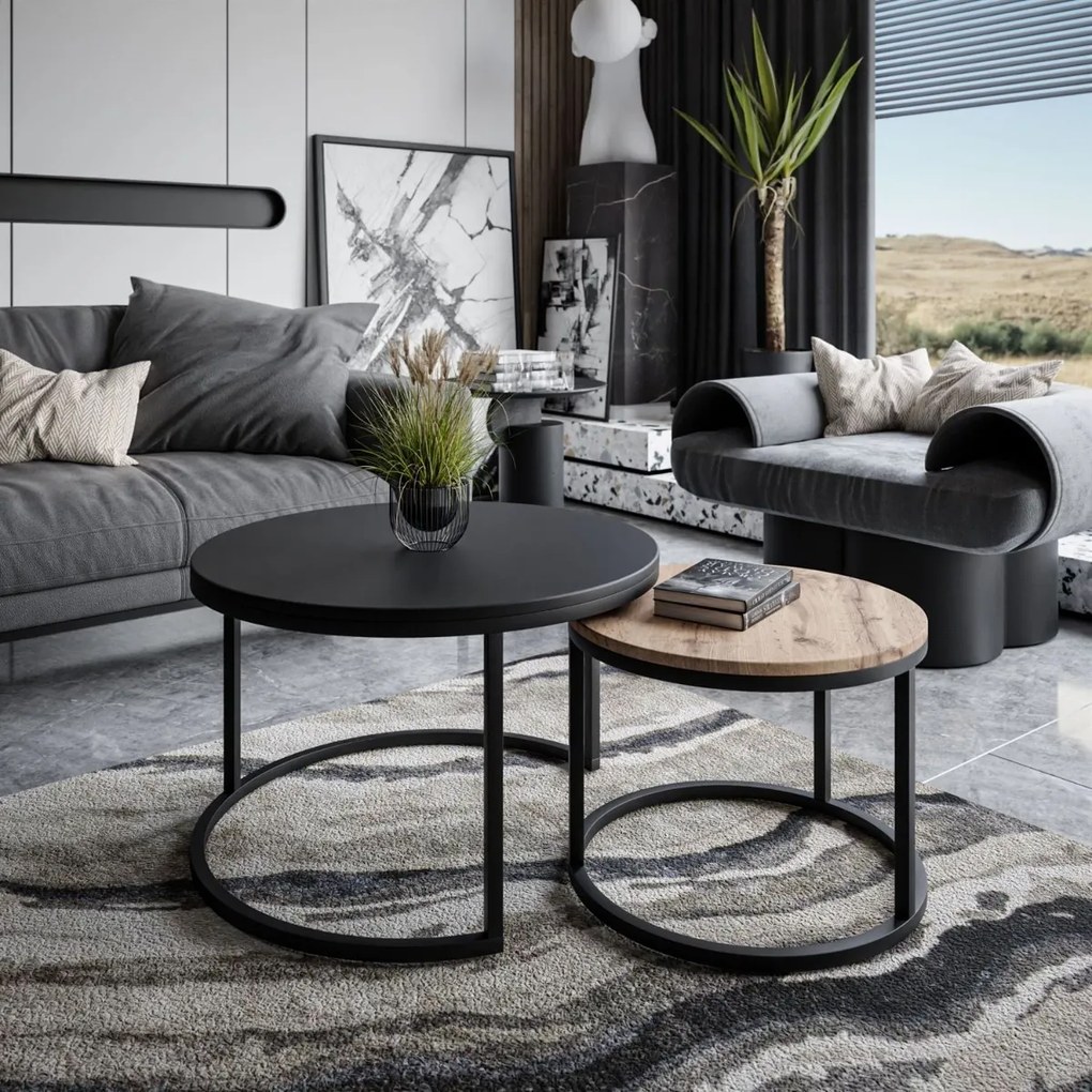 OKRÚHLY KONFERENČNÝ STOLÍK LEONARDO 2v1 ČIERNÝ MATNÝ + DUB WOTAN 50/70