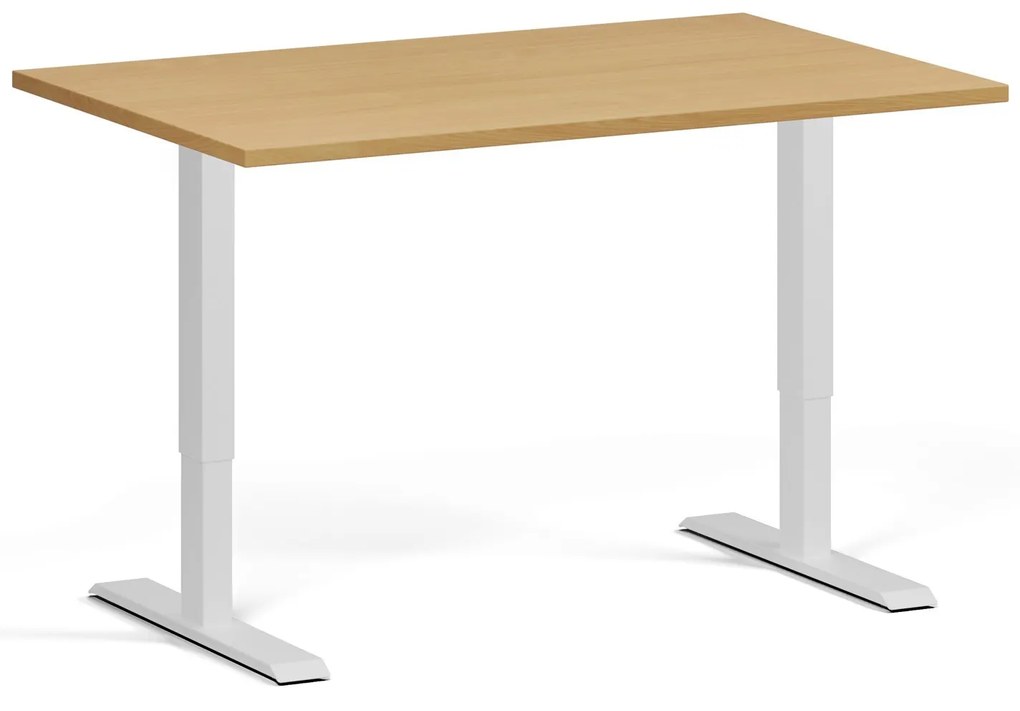 Výškovo nastaviteľný stôl, 120x80 cm, 1 motor, biela podnož, buk