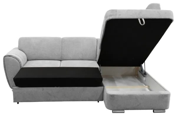 Rozkladacia rohová sedacia súprava s úložným priestorom v tvare L SERPA pravá šedá
