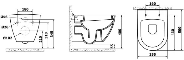 Creavit - Závesné WC PAULA keramika/biela