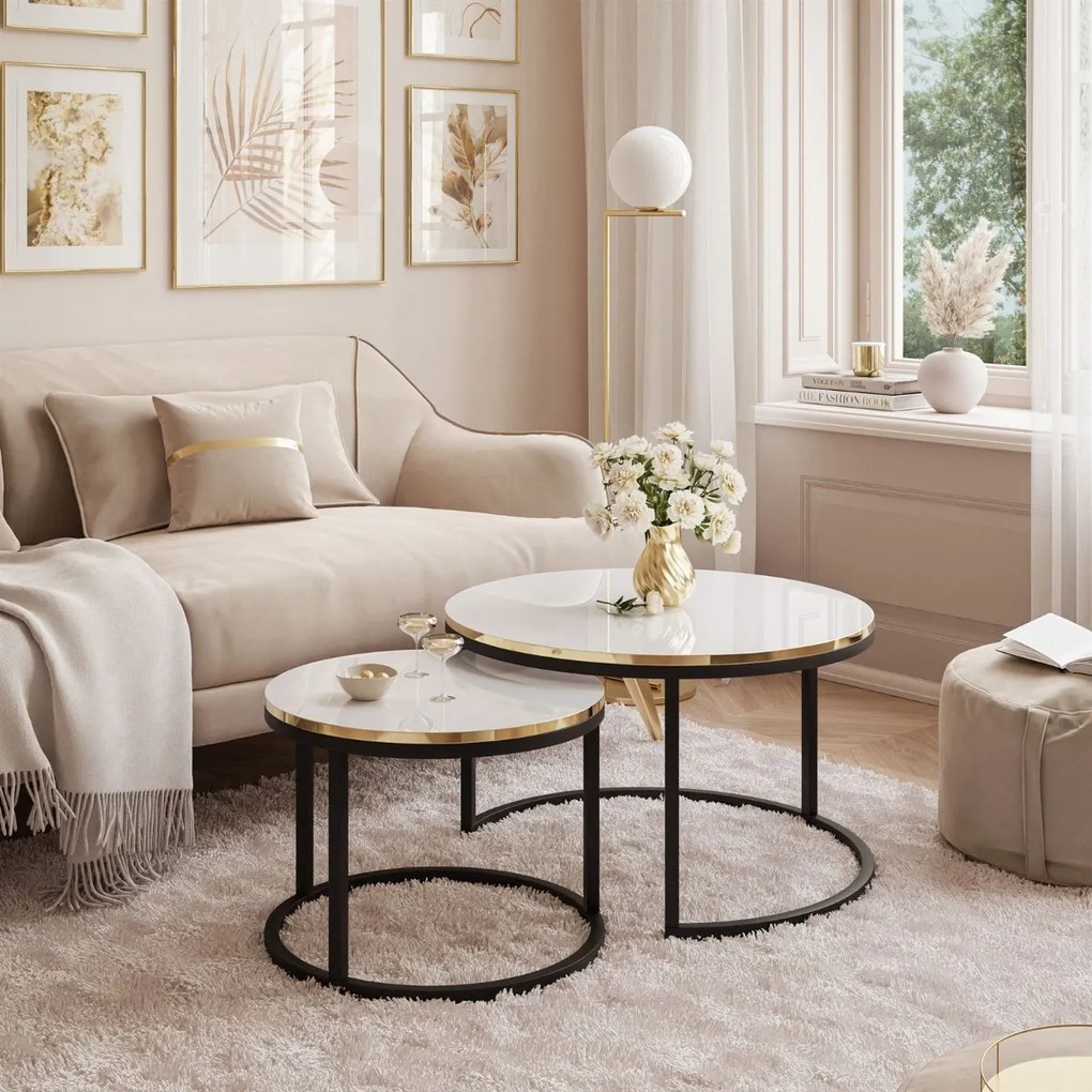 OKRÚHLY KONFERENČNÝ STOLÍK LEONARDO GLAM 2v1 BIELY LESK + ZLATÝ + ČIERNÝ PODSTAVEC