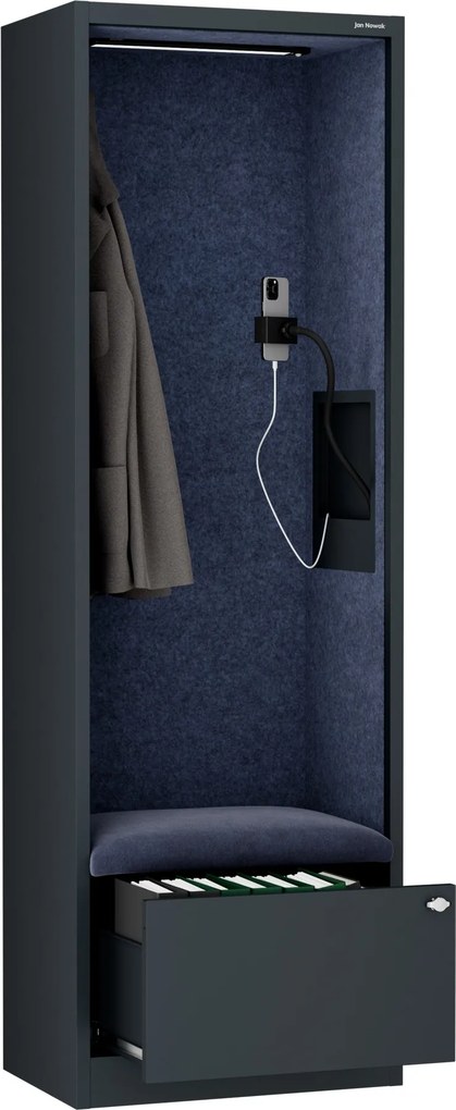 Kancelárska akustická kabína so sedadlom a portom USB-C, telo v antracitovej farbe / sedadlo v tmavomodrá farbe, 600 mm: SALLY MentalBox