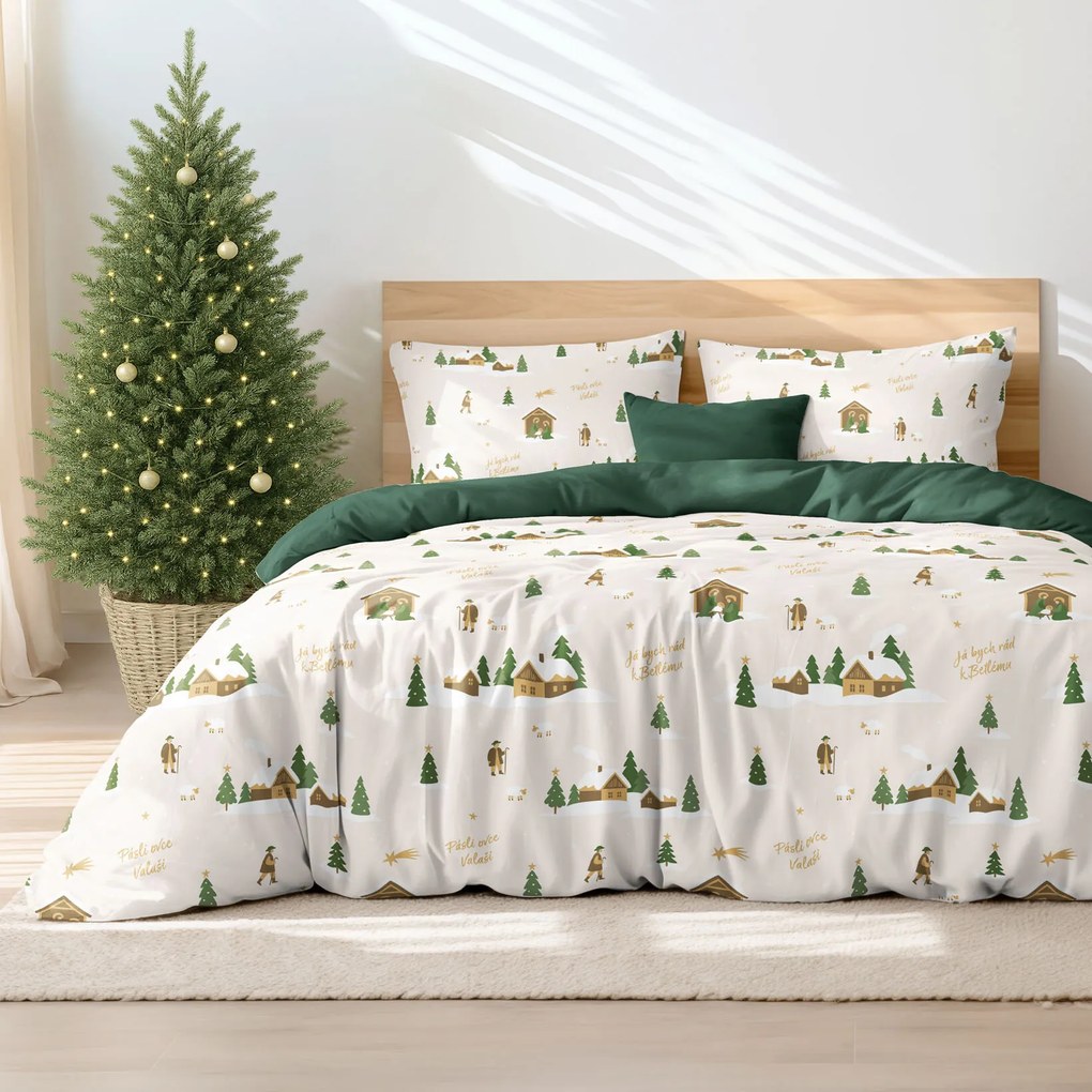 Goldea vianočné bavlnené posteľné obliečky duo - pásli ovce valaši s tmavo zelenou 140 x 220 a 70 x 90 cm