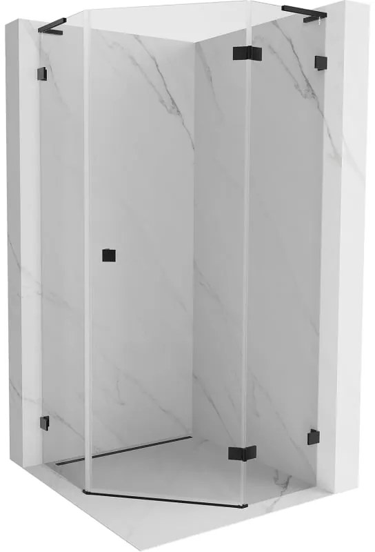 Mexen Lunar, L sklopný päťuholníkový sprchový kút pravý 100 x 100 cm, 8mm číre sklo, čierny profil, 831L-100P-100L-70-00-P