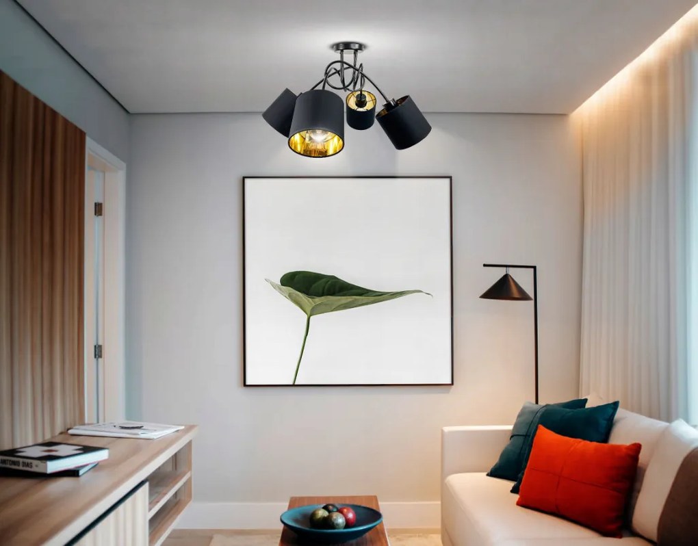 Závesná lampa na strop LOFT, zvité zlaté tienidlo, 4xe27, do izby, lustera