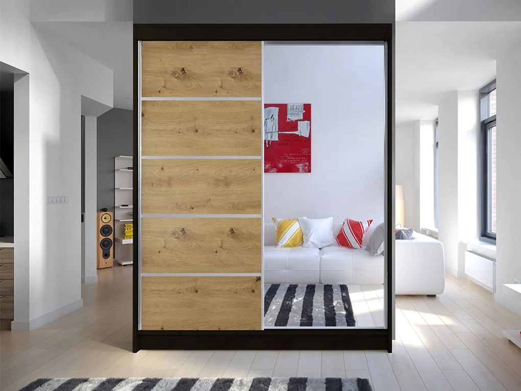 Šatníková skriňa Belgia III, Farby: čierna / biela + zrkadlo, Osvetlenie: osvetlenie LED RGB - farebné
