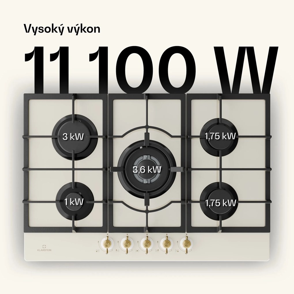 Klarstein Victoria 5, plynová varná doska, 5 Sabaf horákov, sklokeramika, retro vzhľad