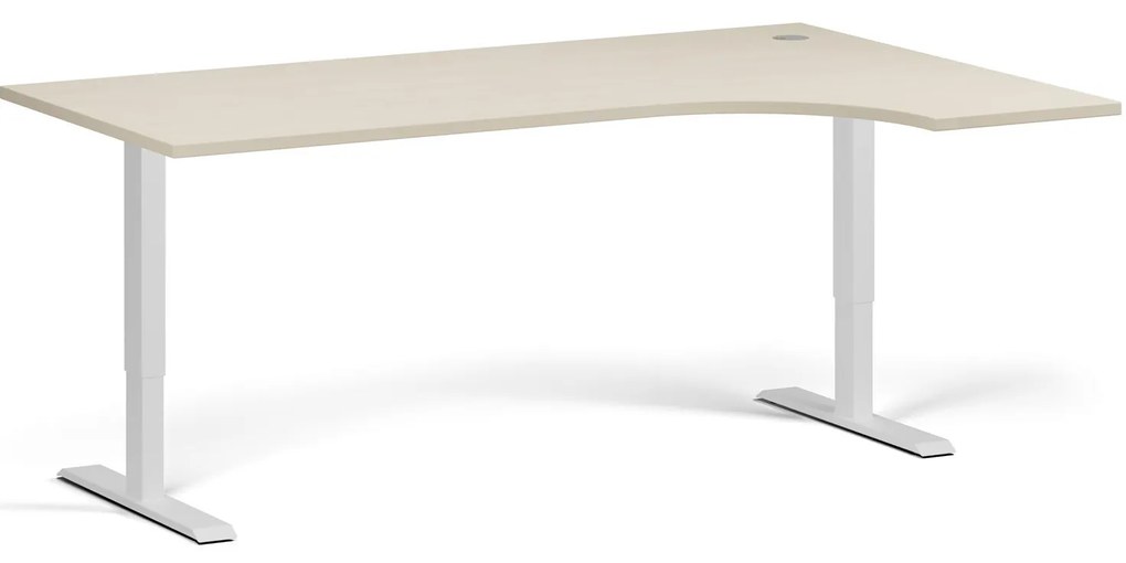 Rohový výškovo nastaviteľný stôl, 180x120 cm, 1 motor, L/P, biela podnož, breza